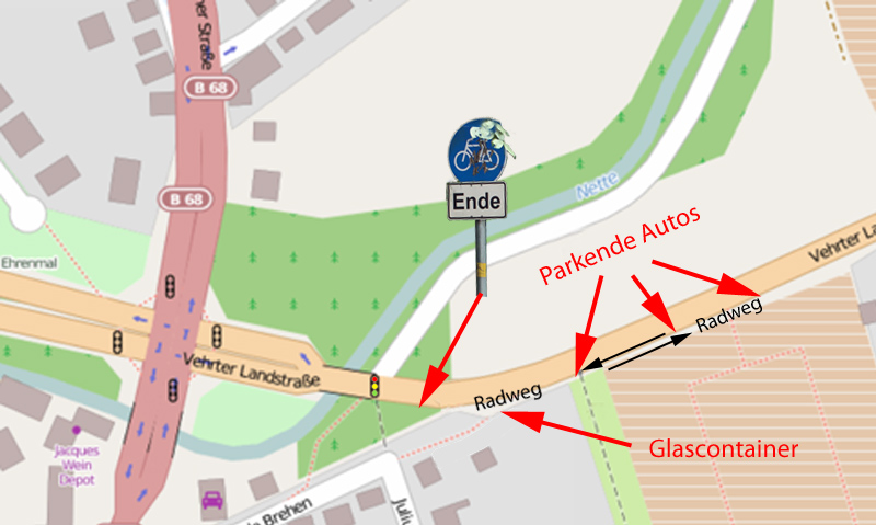 Um den in der Karte rot markierten Radweg an der Vehrter Landstraße geht es.><br>